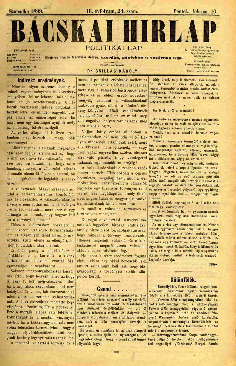 Bácskai Hirlap, 3. évf. 1899. február 10. 24. sz.