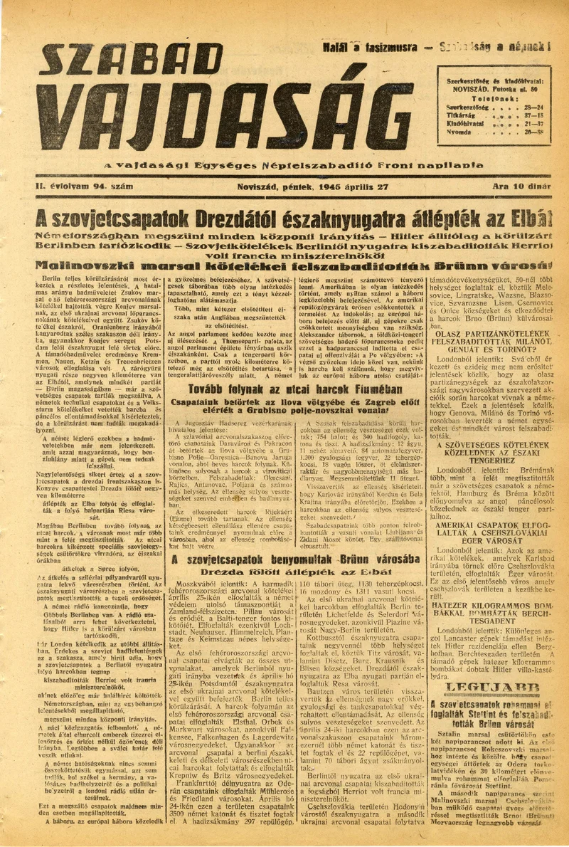 Szabad Vajdaság, 2. évf. 1945. április 27. 94. sz.