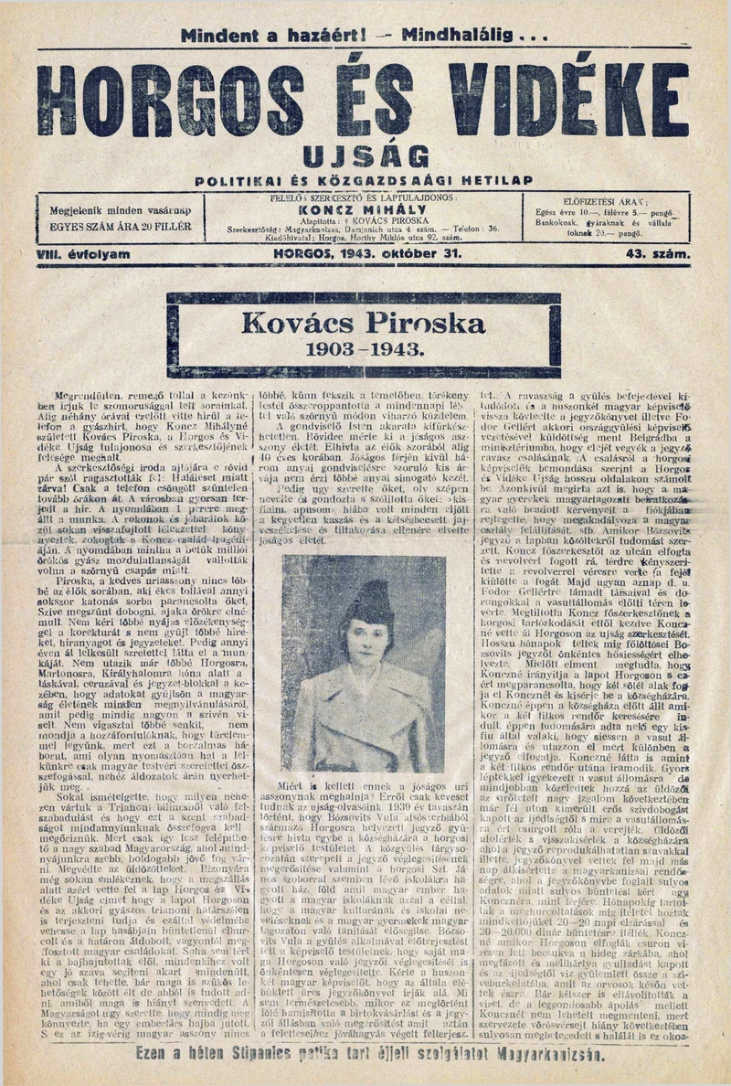 Horgos és vidéke, 8. évf. 1943. október 31. 43. sz.