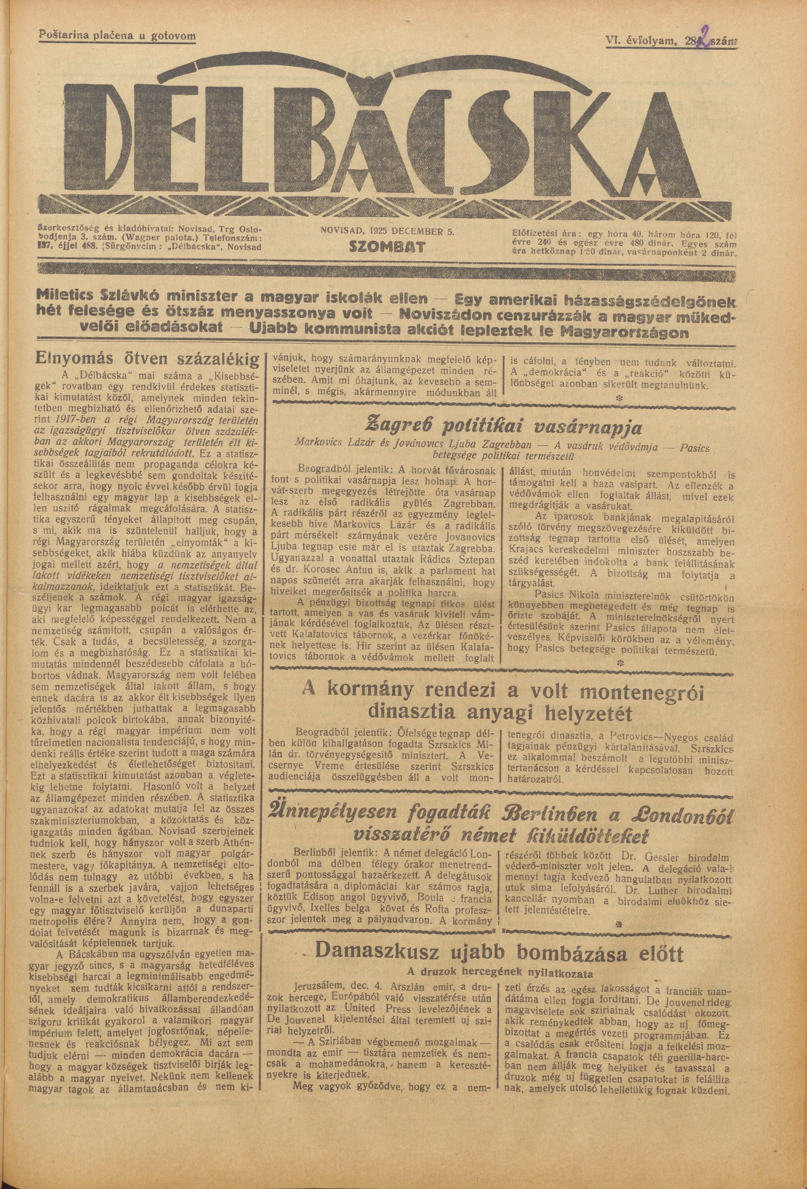 Délbácska, 6. évf. 1925. december 5. 282. sz.