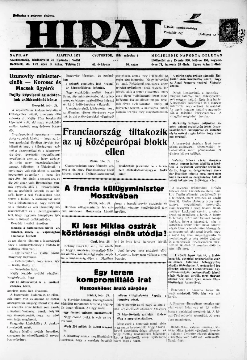 Híradó, 63. évf. 1934. március 1. 50. sz.