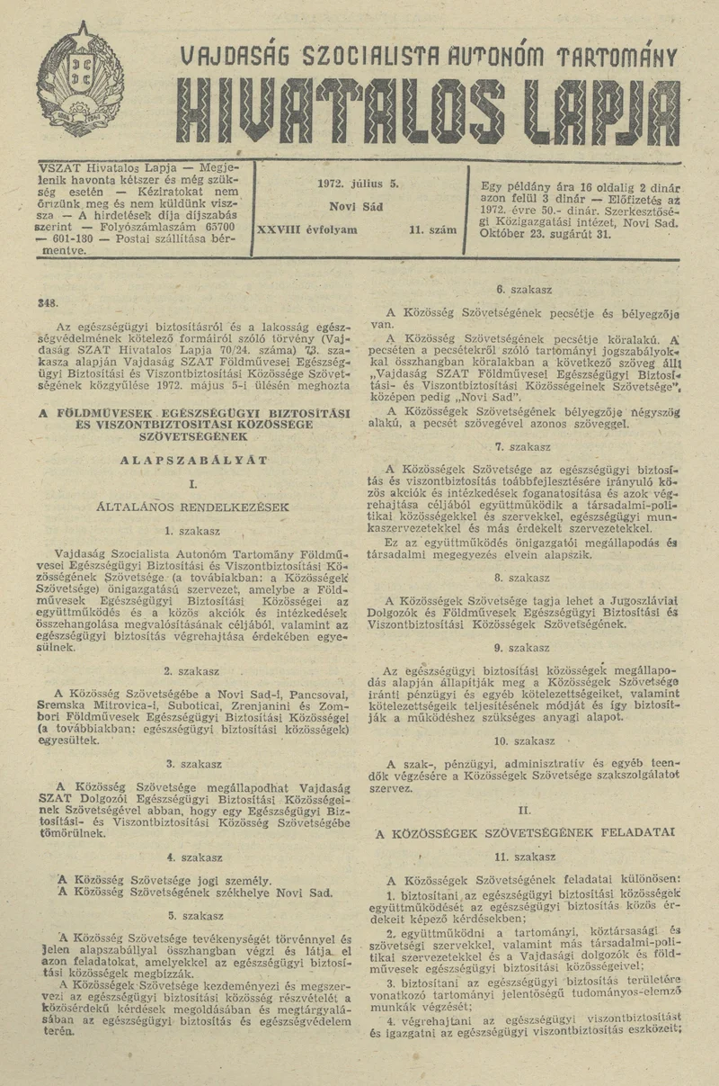 Vajdaság Szocialista Autonóm Tartomány Hivatalos Lapja, 28. évf. 1972. július 5. 11. sz. 457–475. oldal
