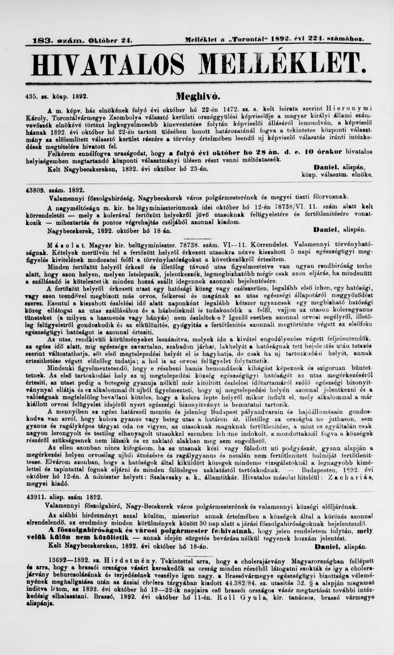 A Totontál  hivatalos melléklete, 5. évf. 1892. október 24. 183. sz.