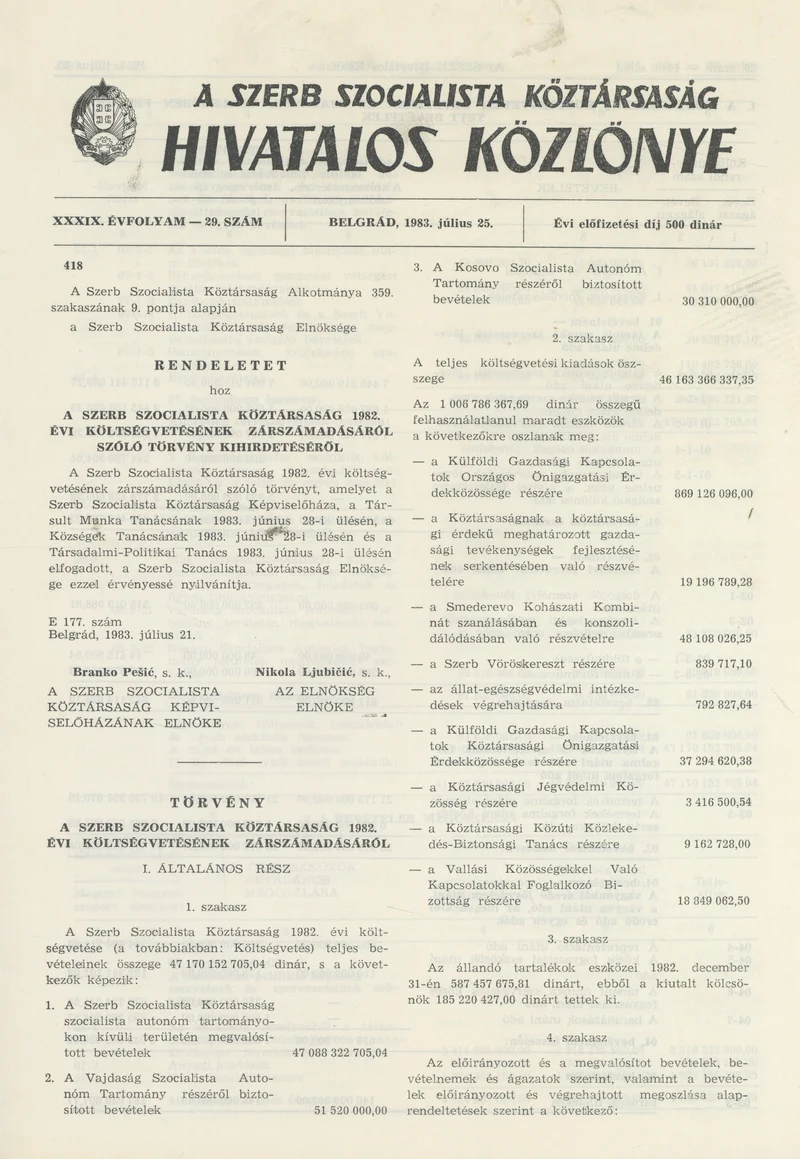 A Szerb Szocialista Köztársaság Hivatalos Közlönye, 39. évf. 1983. július 25. 29. sz.