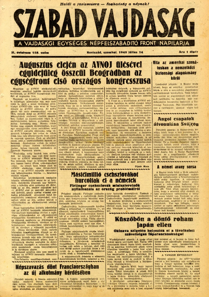 Szabad Vajdaság, 2. évf. 1945. július 14. 159. sz.