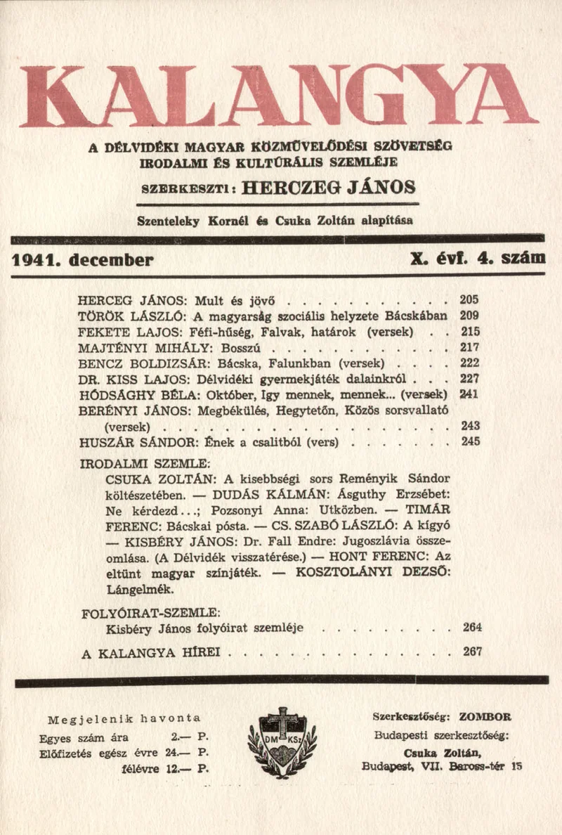 Kalangya, 10. évf. 1941. december. 4. sz. 205–266. oldal