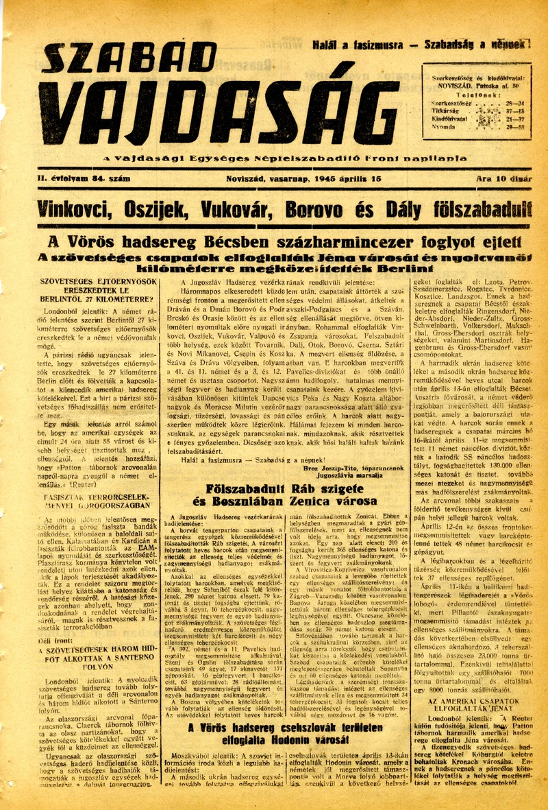 Szabad Vajdaság, 2. évf. 1945. április 15. 84. sz.