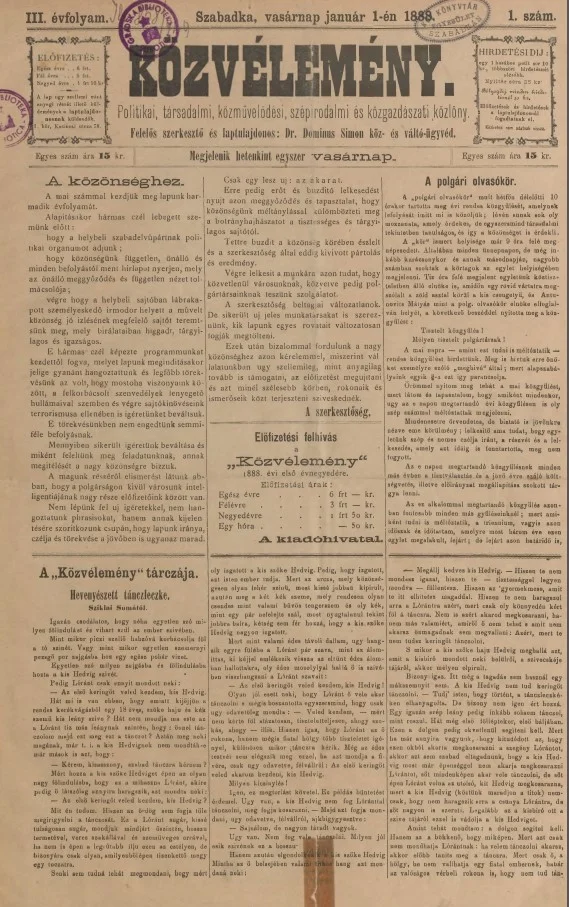 Közvélemény, 3. évf. 1888. január 1. 1. sz.