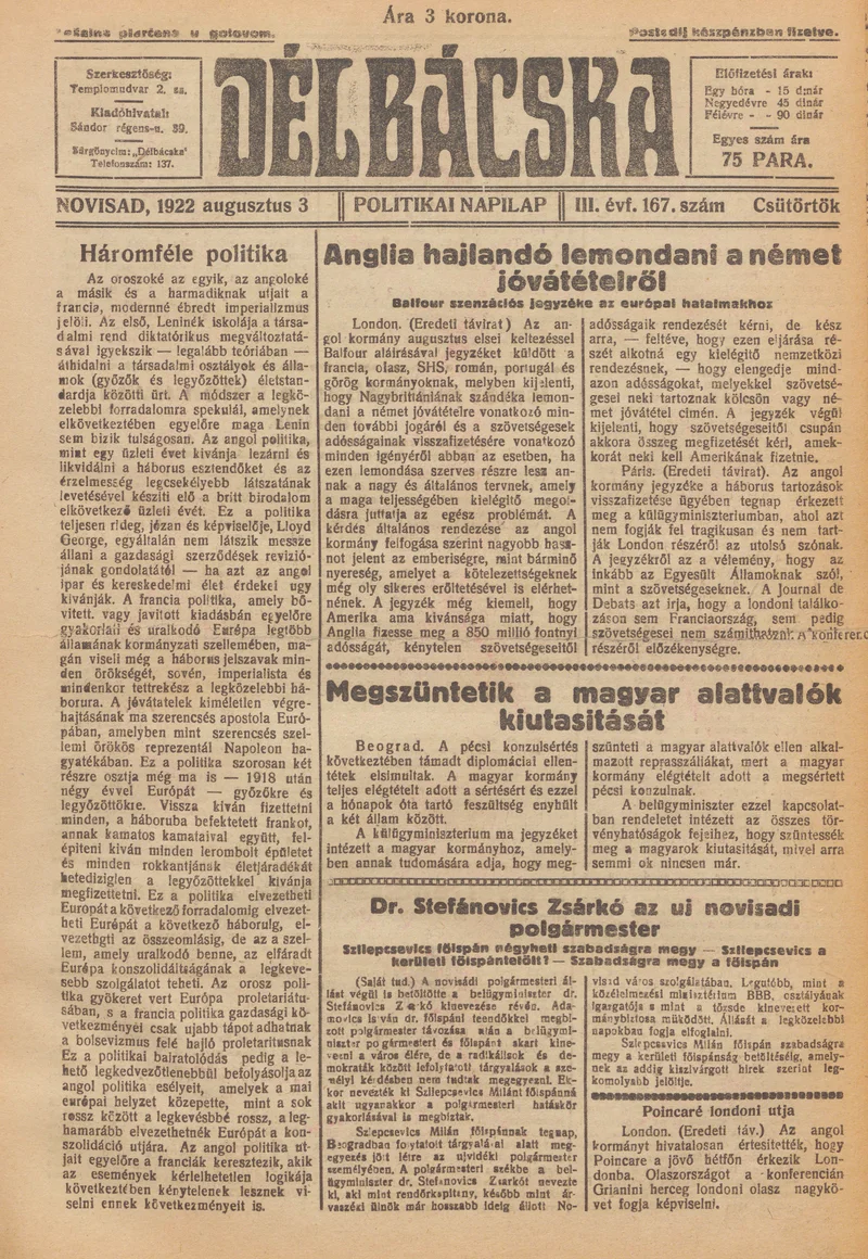 Délbácska, 3. évf. 1922. augusztus 3. 167. sz.