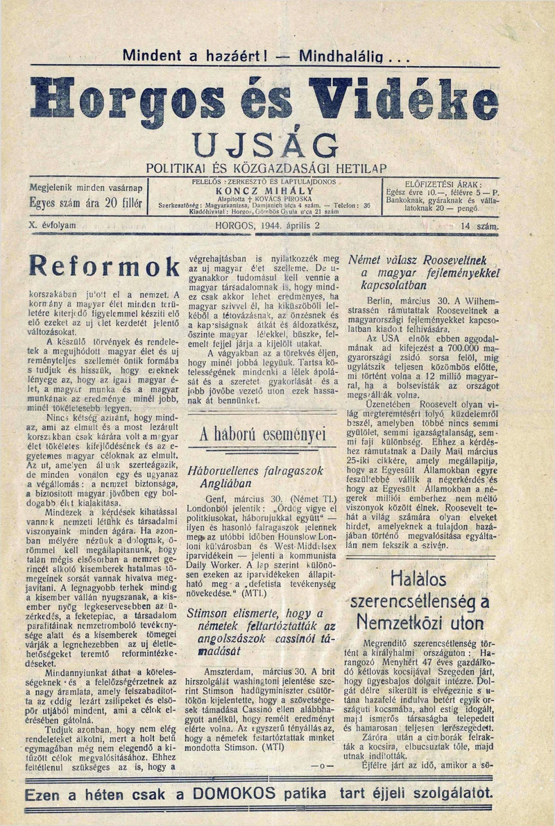 Horgos és vidéke, 9. évf. 1944. április 2. 14. sz.