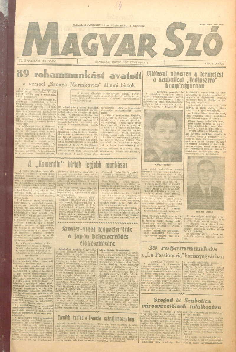 Magyar Szó, 4. évf. 1947. december 1. 293. sz. 1–4. oldal