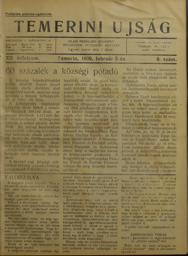 Temerini Újság 1928-1944, 12. évf. 1939. február 5. 6. sz.