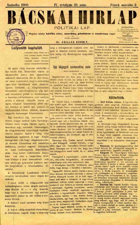 Bácskai Hirlap, 4. évf. 1900. március 2. 33. sz.