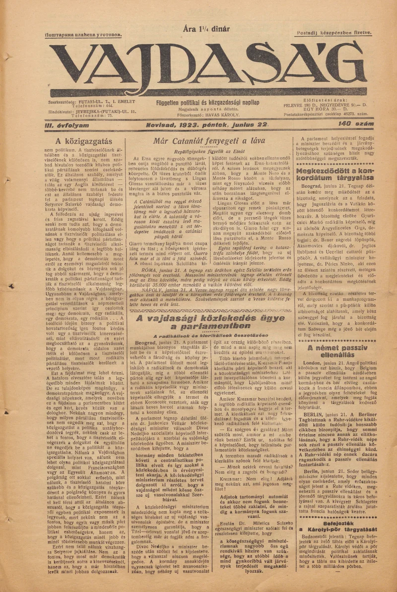 Vajdaság, 3. évf. 1923. június 22. 140. sz.