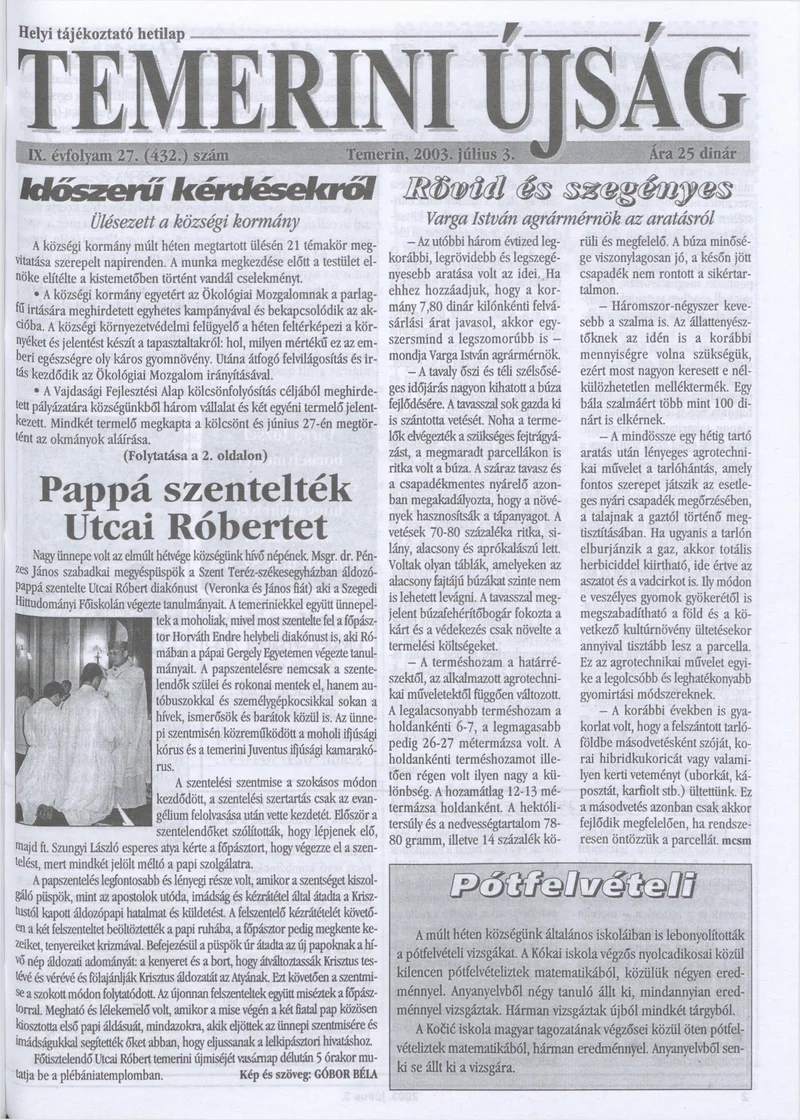 Temerini Újság, 9. évf. 2003. július 3. 27. sz.