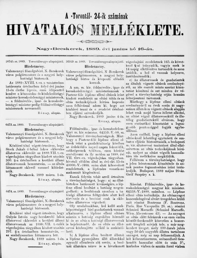A Totontál  hivatalos melléklete, 2. évf. 1889. június 16. 24. sz.