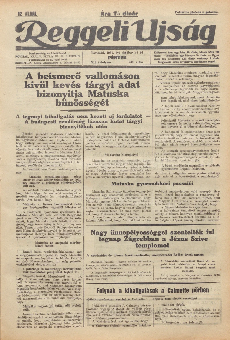 Reggeli Újság, 12. évf. 1931. október 16. 243. sz.