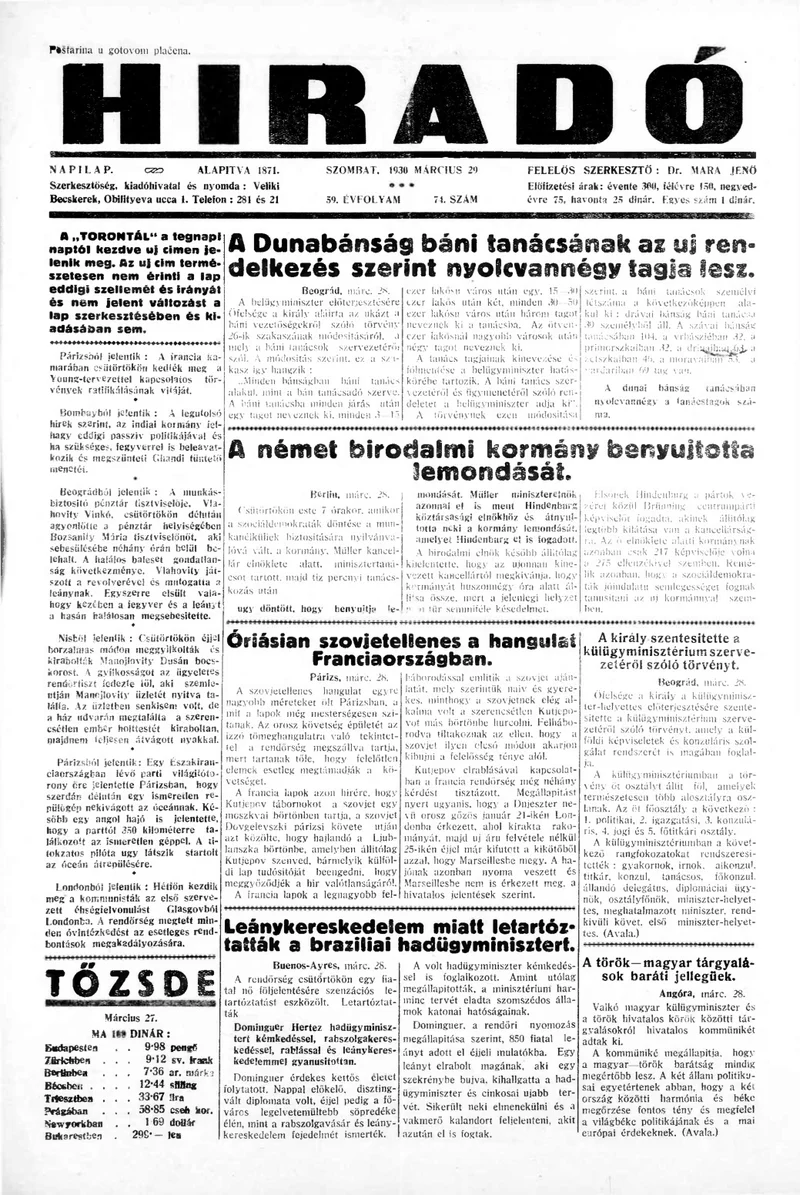 Híradó, 59. évf. 1930. március 29. 74. sz.