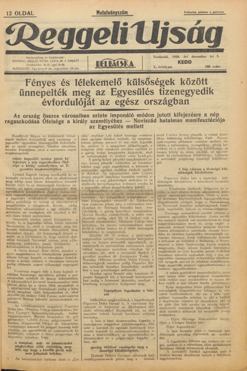 Reggeli Újság, 10. évf. 1929. december 3. 281. sz.