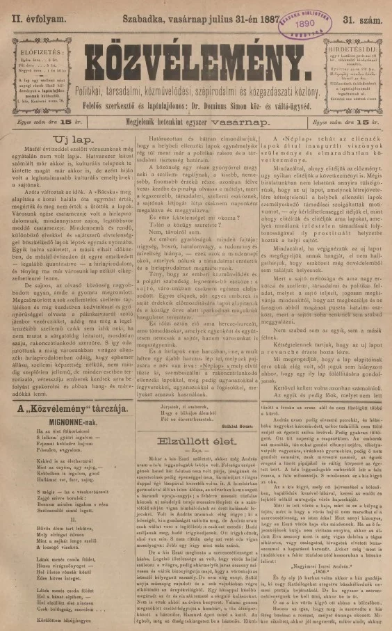 Közvélemény, 2. évf. 1887. július 31. 31. sz.