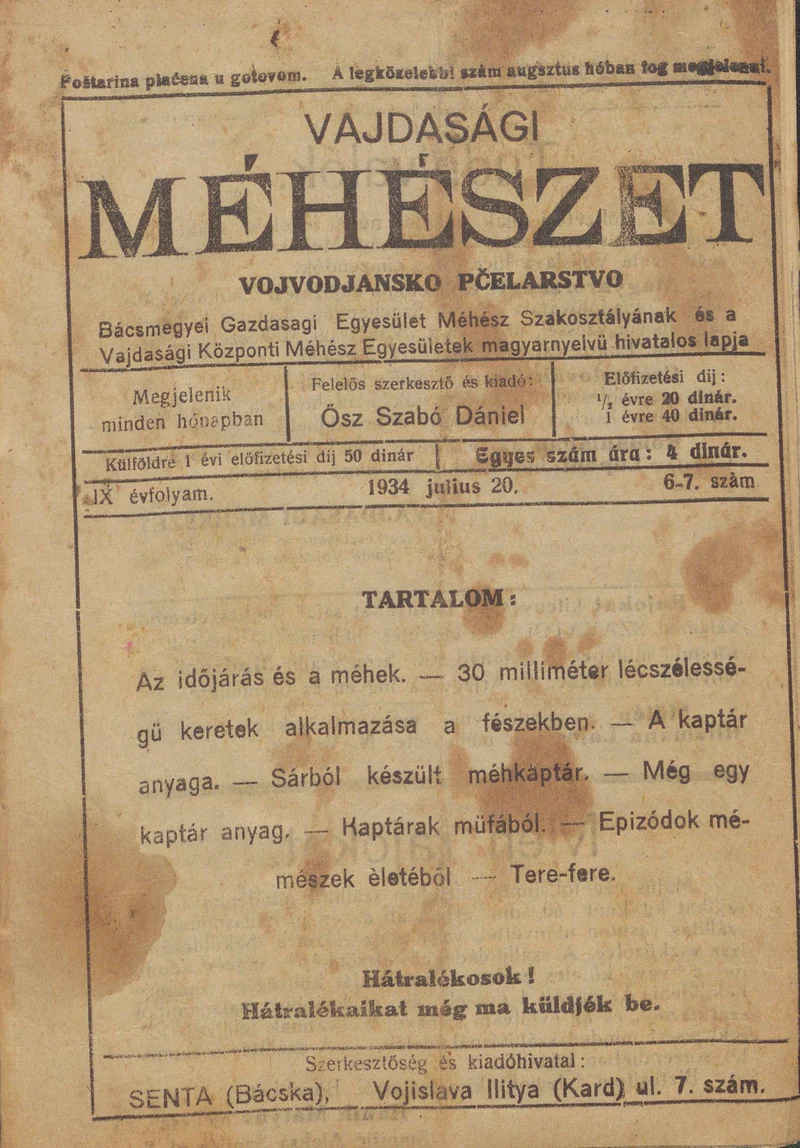 Vajdasági méhészet, 9. évf. 1934. július 20. 6–7. sz.