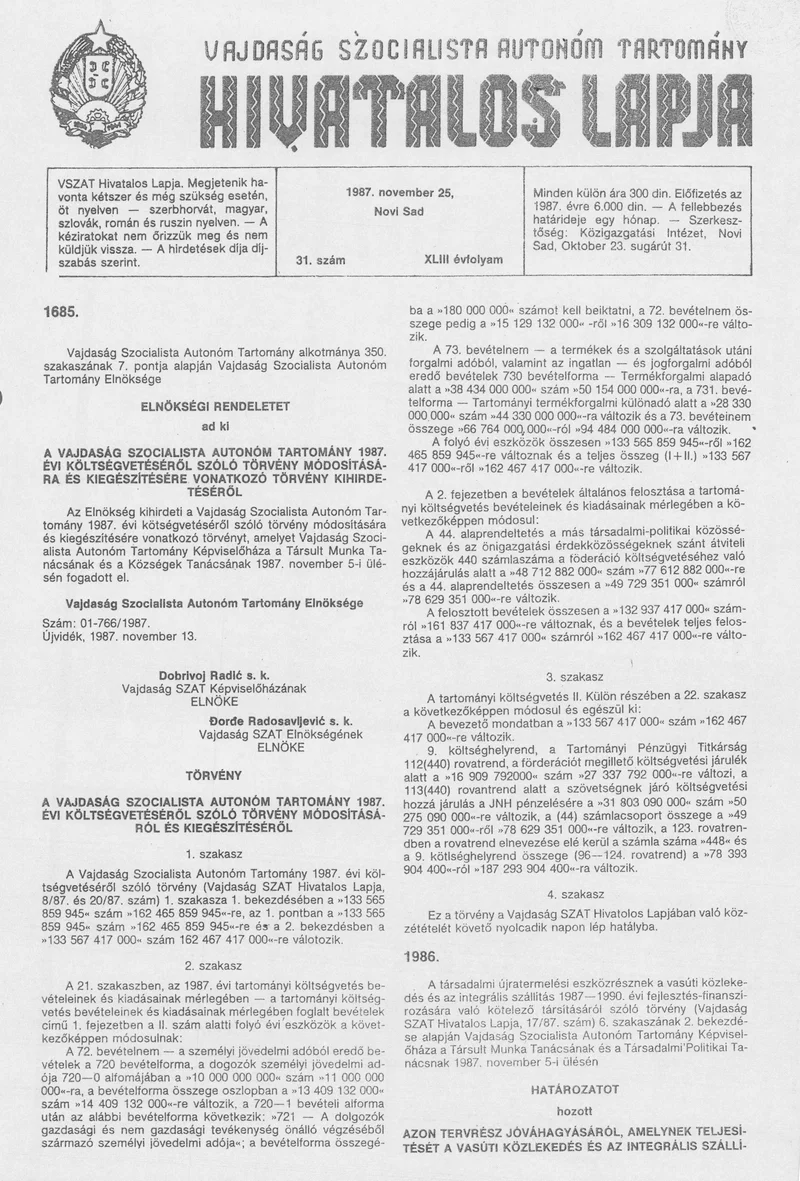 Vajdaság Szocialista Autonóm Tartomány Hivatalos Lapja, 43. évf. 1987. november 25. 31. sz.