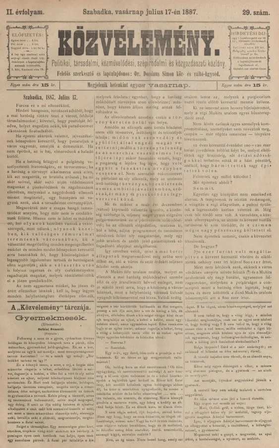 Közvélemény, 2. évf. 1887. július 17. 29. sz.