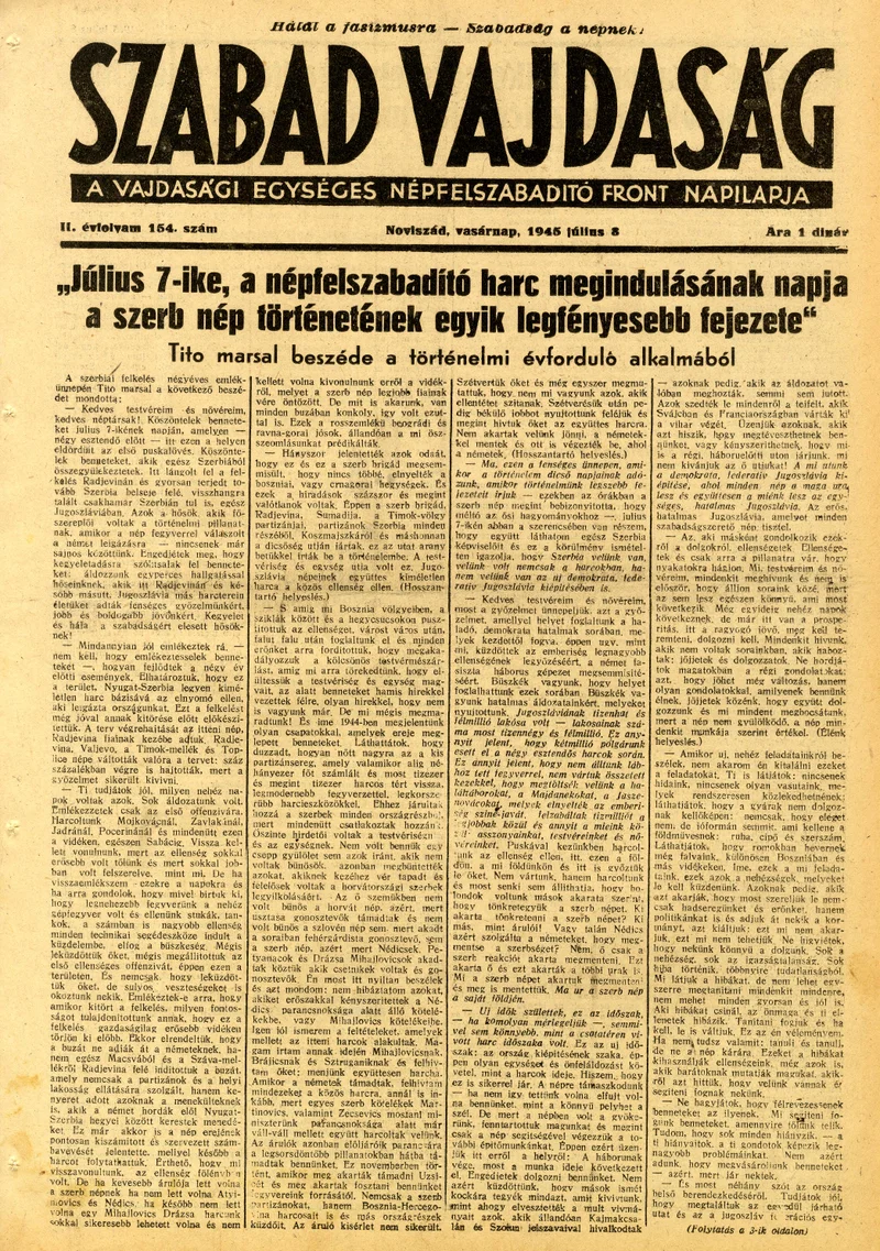 Szabad Vajdaság, 2. évf. 1945. július 8. 154. sz.