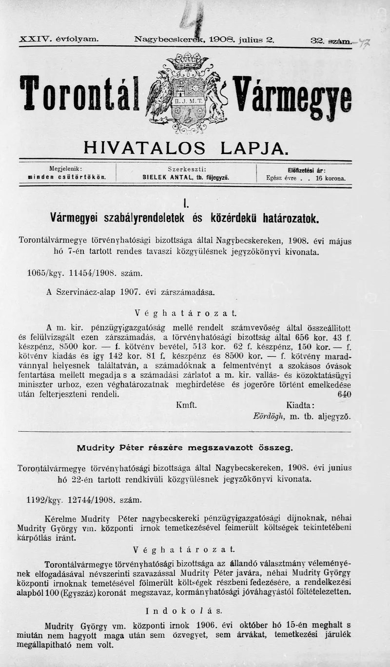 Torontál Vármegye Hivatalos Lapja, 24. évf. 1908. július 2. 32. sz.