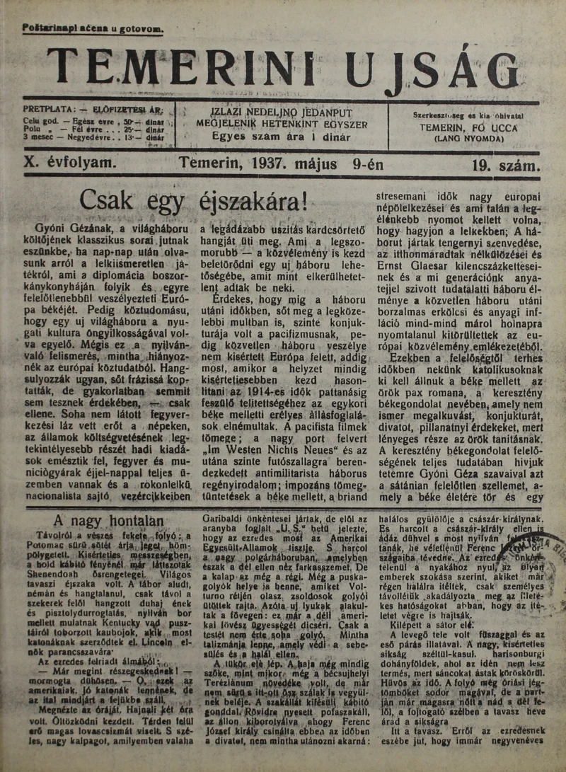 Temerini Újság 1928-1944, 10. évf. 1937. május 9. 19. sz.