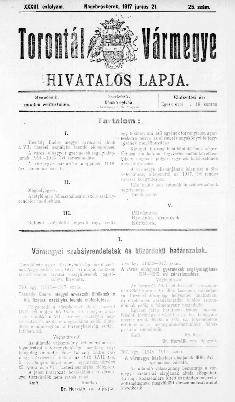 Torontál Vármegye Hivatalos Lapja, 33. évf. 1917. június 21. 25. sz.