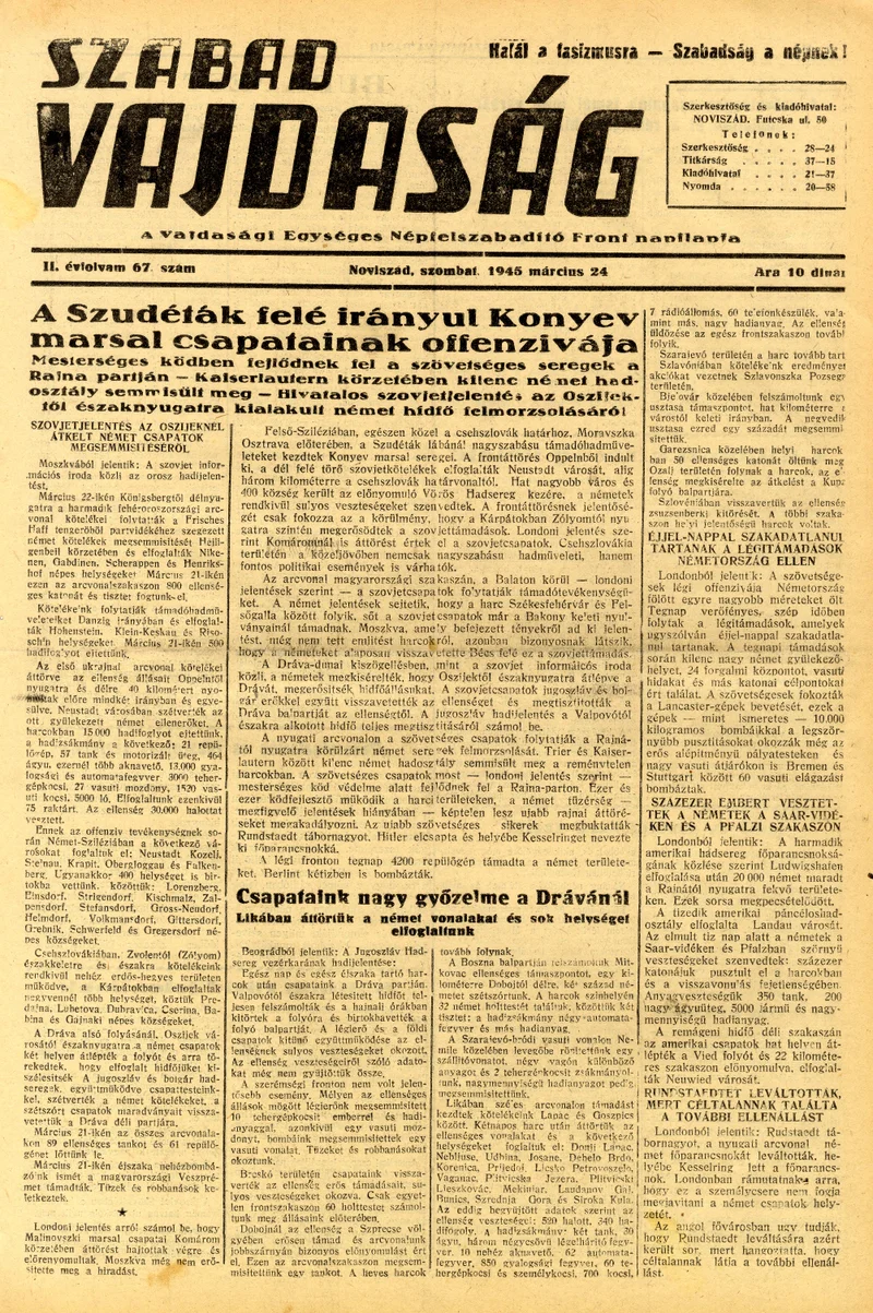 Szabad Vajdaság, 2. évf. 1945. március 24. 67. sz.