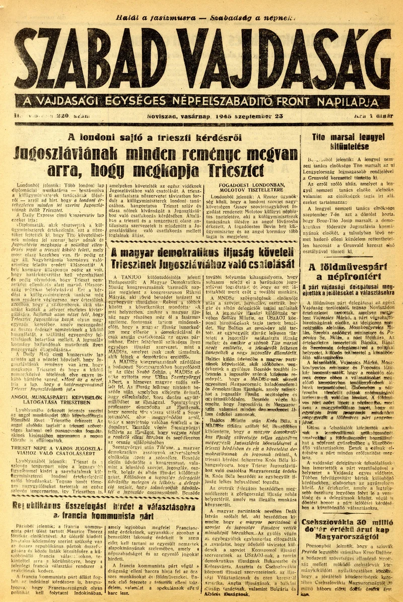 Szabad Vajdaság, 2. évf. 1945. szeptember 23. 220. sz.