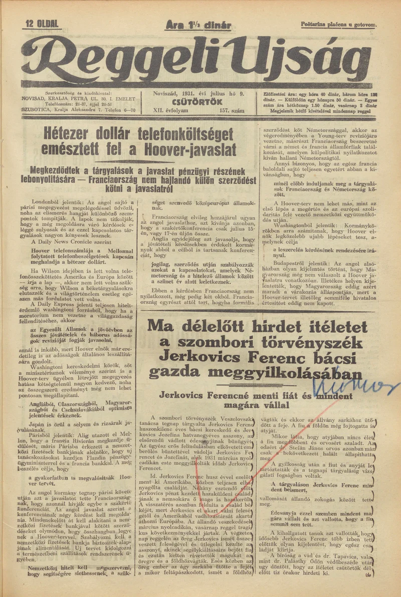 Reggeli Újság, 12. évf. 1931. július 9. 157. sz.