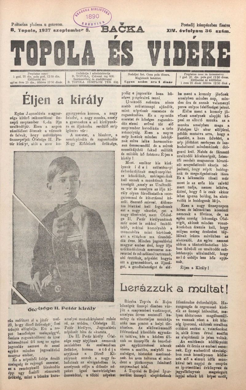 Bačka Topola és Vidéke, 14. évf. 1937. szeptember 5. 36. sz.