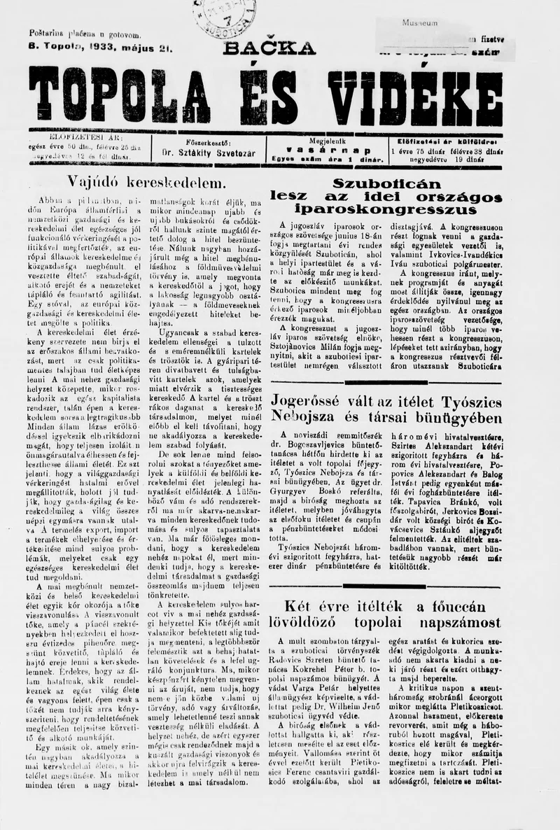 Bačka Topola és Vidéke, 10. évf. 1933. május 21. 21. sz.