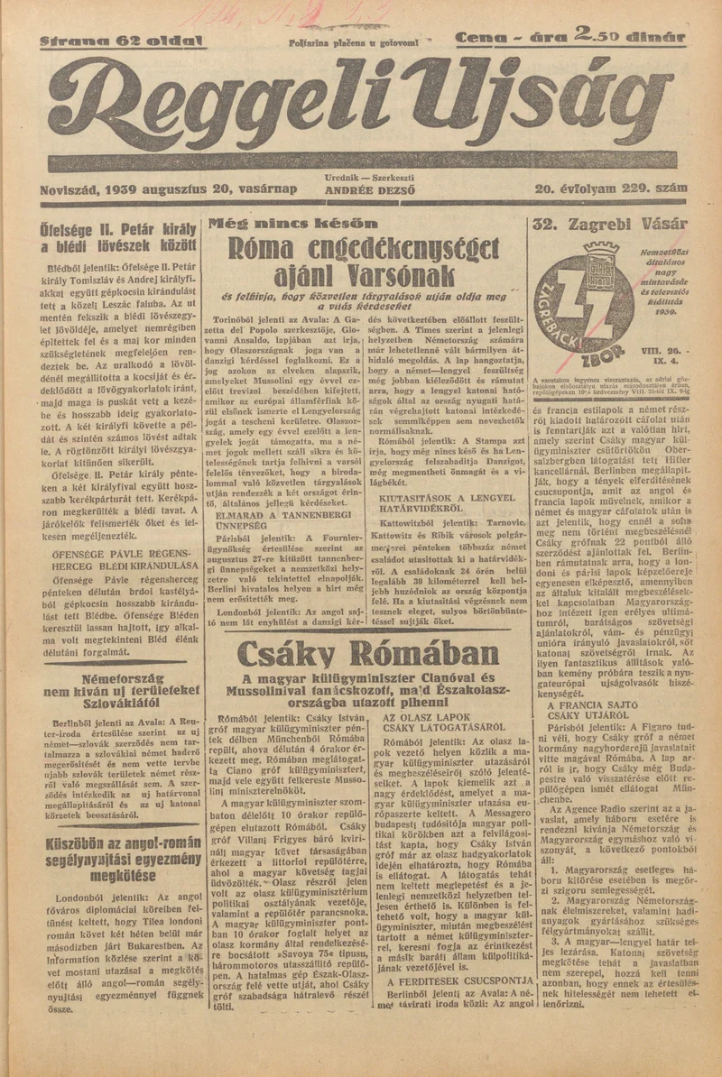 Reggeli Újság, 20. évf. 1939. augusztus 20. 229. sz.