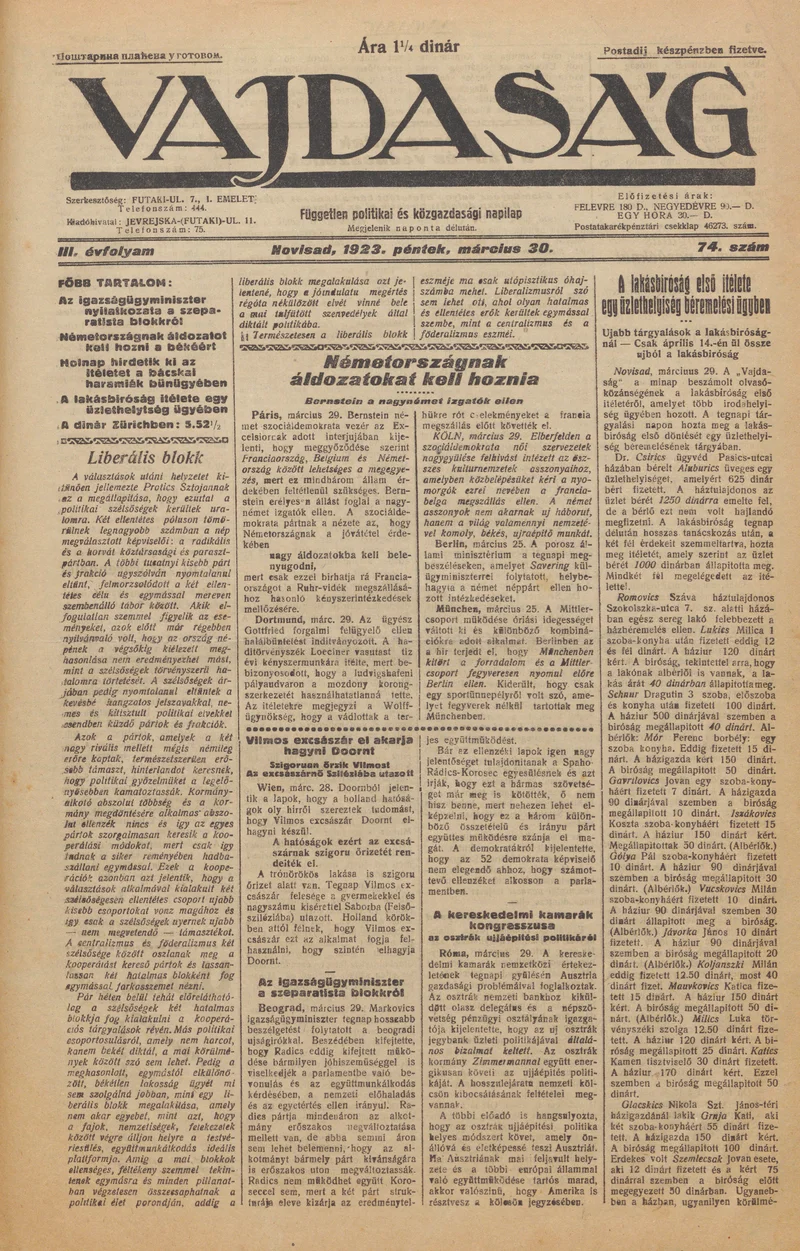 Vajdaság, 3. évf. 1923. március 30. 74. sz.