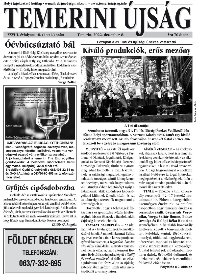 Temerini Újság, 28. évf. 2022. december 8. 48. sz.