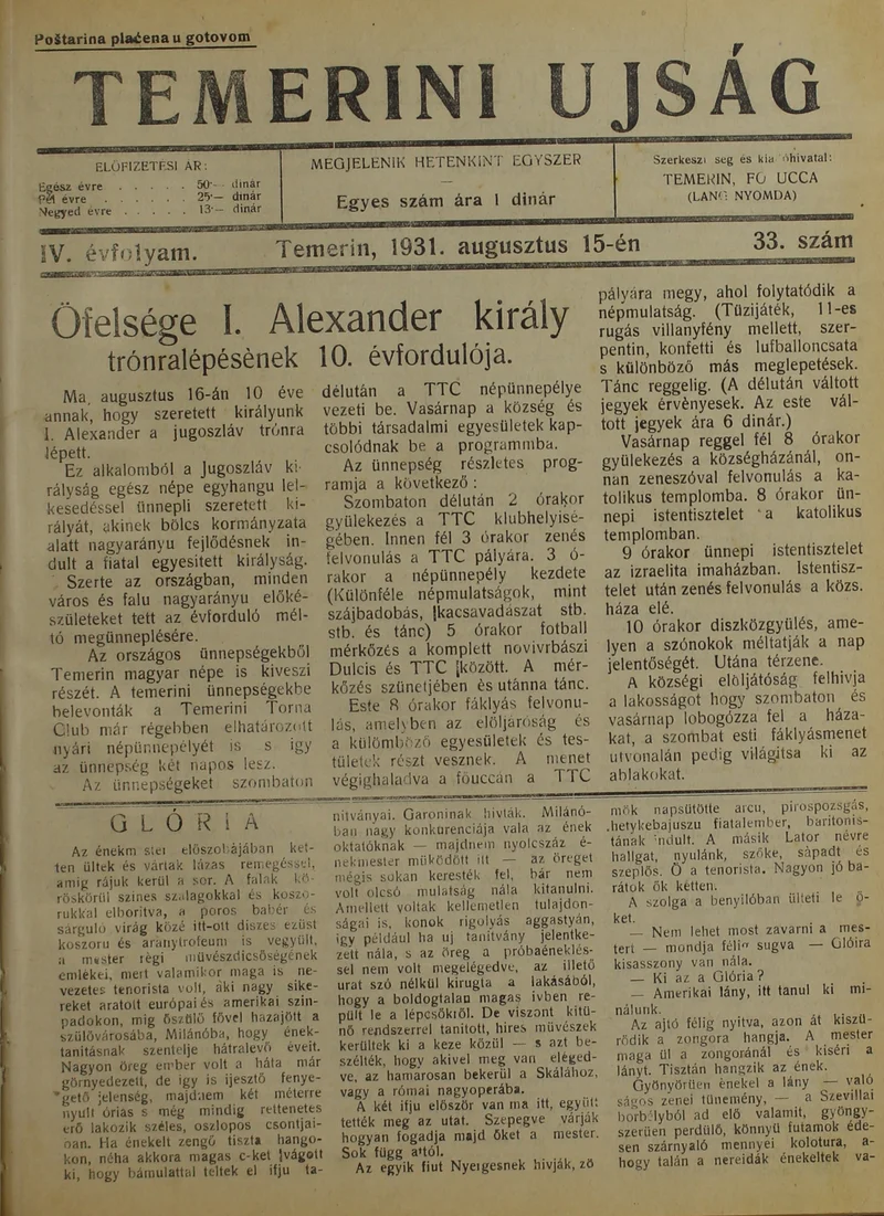 Temerini Újság 1928-1944, 4. évf. 1931. augusztus 15. 33. sz.
