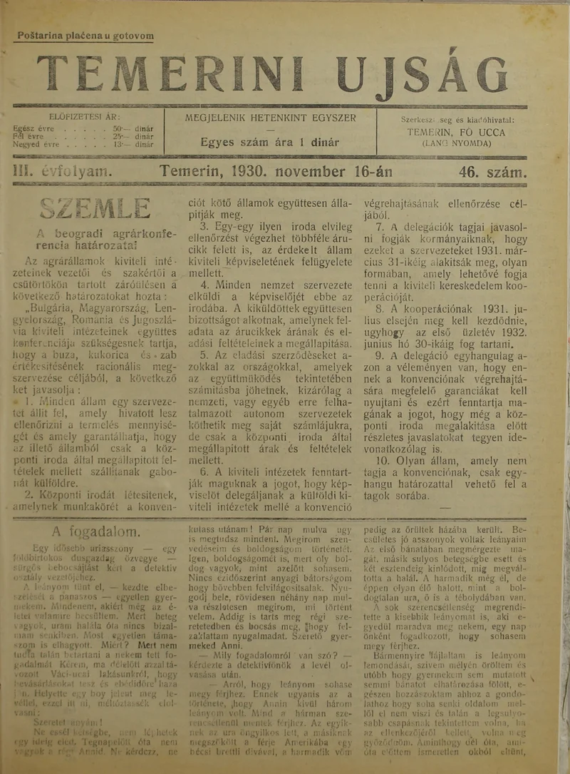 Temerini Újság 1928-1944, 3. évf. 1930. november 16. 46. sz.