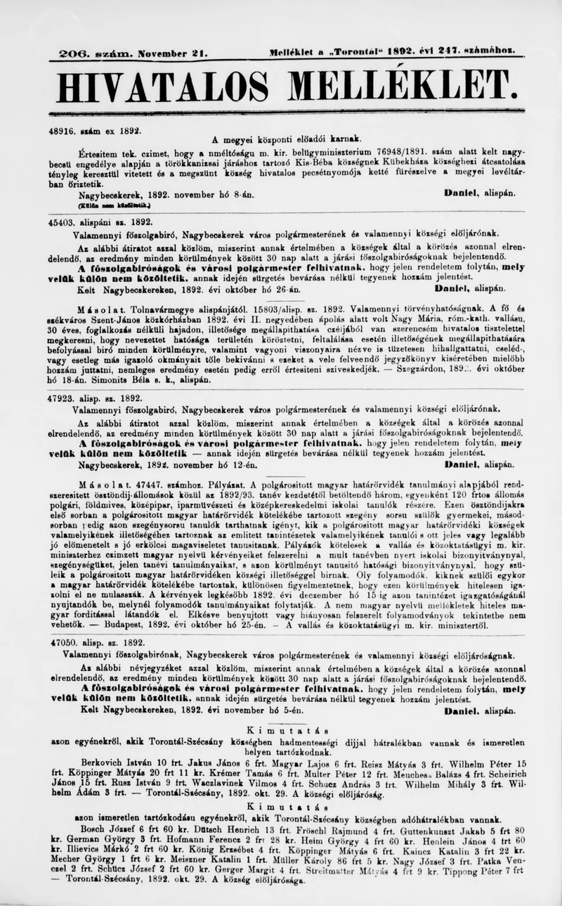 A Totontál  hivatalos melléklete, 5. évf. 1892. november 21. 206. sz.