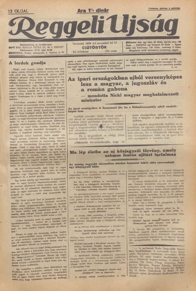Reggeli Újság, 11. évf. 1930. november 27. 278. sz.