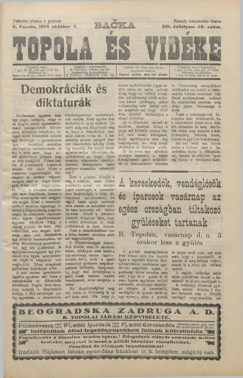Bačka Topola és Vidéke, 13. évf. 1936. október 4. 40. sz.