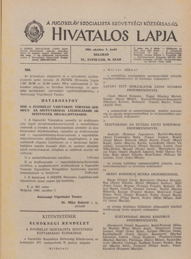 A Jugoszláv Szocialista Szövetségi Köztársaság Hivatalos Lapja, 40. évf. 1984. október 9. 54. sz. 1239–1242. oldal