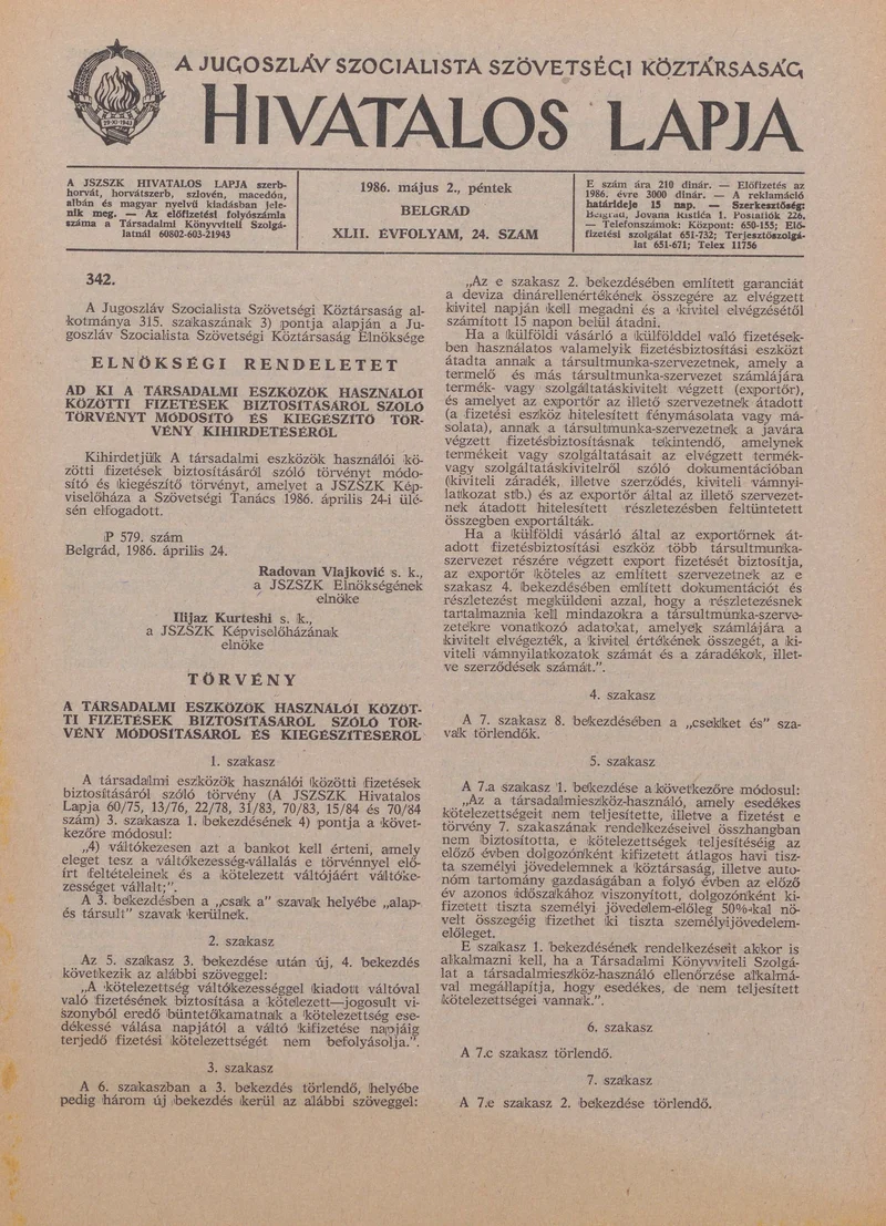 A Jugoszláv Szocialista Szövetségi Köztársaság Hivatalos Lapja, 42. évf. 1986. május 2. 24. sz. 749–772. oldal