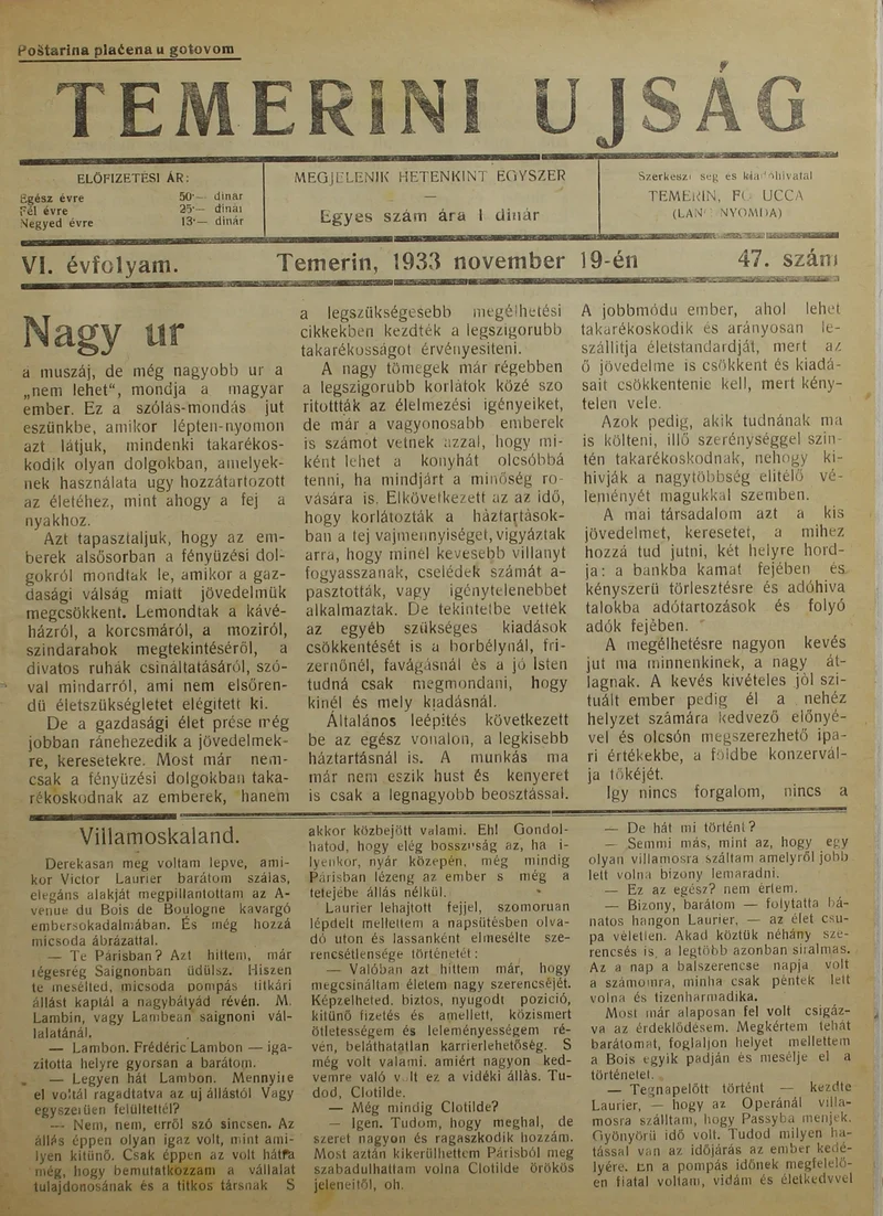 Temerini Újság 1928-1944, 6. évf. 1933. november 19. 47. sz.