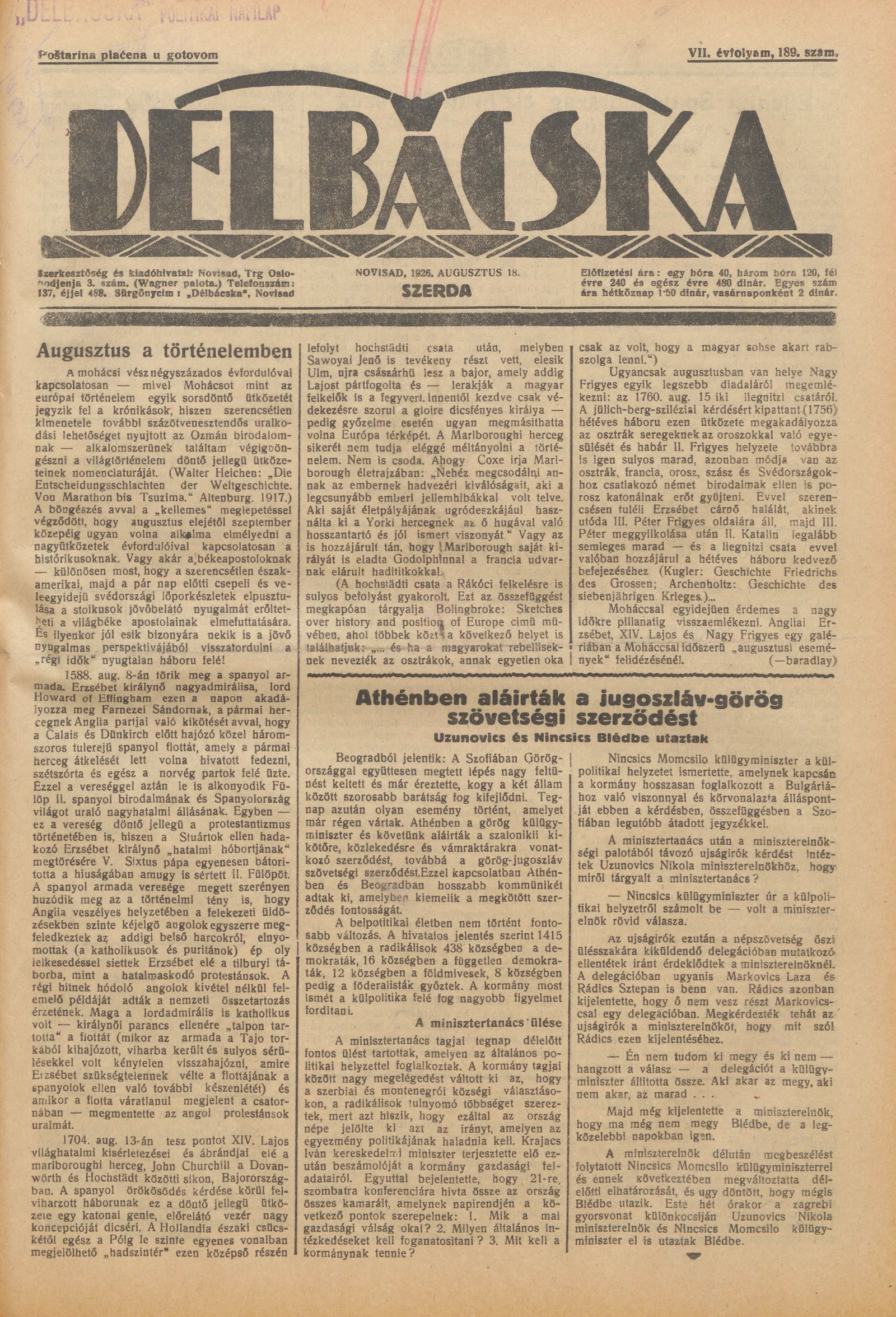 Délbácska, 7. évf. 1926. augusztus 18. 189. sz.