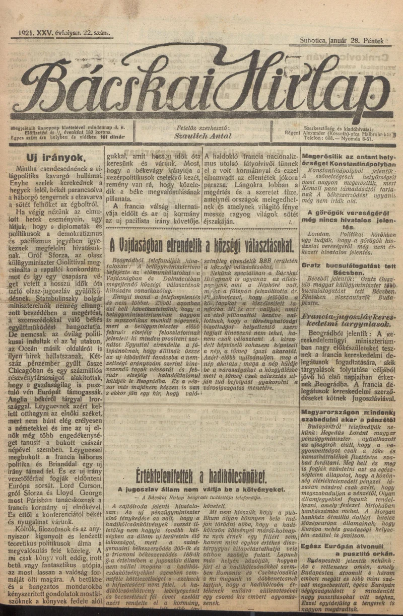 Bácskai Hirlap, 25. évf. 1921. január 28. 22. sz.
