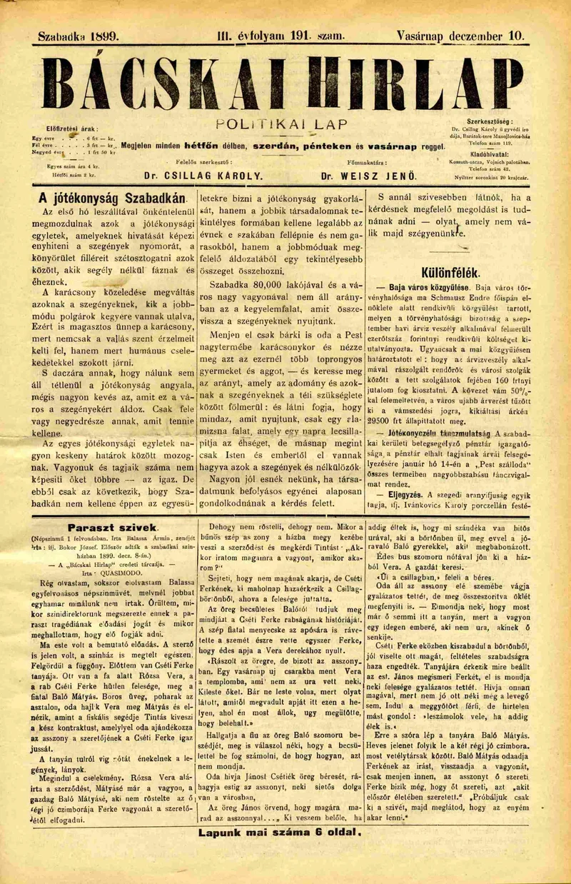 Bácskai Hirlap, 3. évf. 1899. december 10. 191. sz.